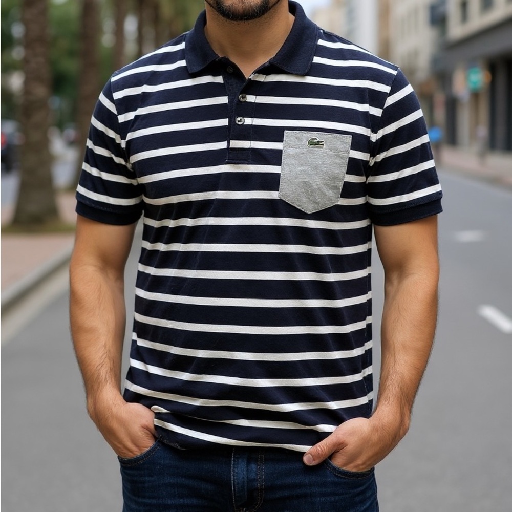 Lacoste Men's Striped Polo Shirt Navy White Gray Regular Fit Size 7 Cotton